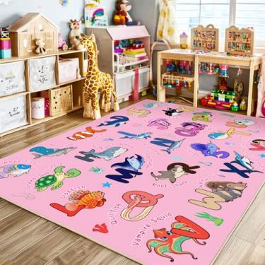Imagem de Bolacrom Tapete infantil para sala de jogos, tapete educativo para aprender o alfabeto ABC, macio, lavável na máquina, antiderrapante, fofo, organismos marinhos para sala de aula, berçário, decoração
