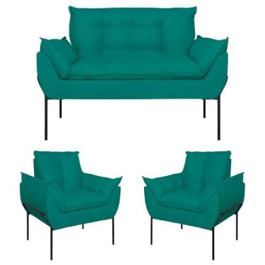 Imagem de Kit 02 Poltronas + Namoradeira Pé Metal Preto Recepção Sala Cor:azul Turquesa