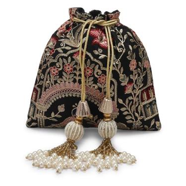Imagem de Bolsa Potli bordada de luxo, seda com padrão floral dourado, fecho de cordão de borla de pérola, bolsa de casamento tradicional, Preto, Small
