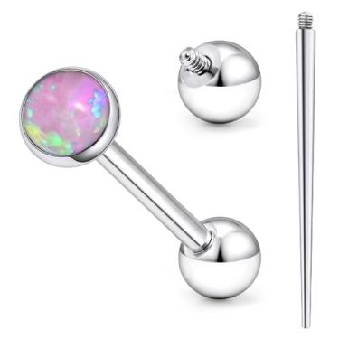 Imagem de Ruifan ASTM F136 Piercing de língua, de titânio, piercing de barra, anéis de língua com rosca interna, joia de piercing de bochecha de titânio sólido opala rosa para mulheres e homens 14G 16 mm