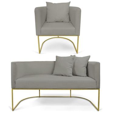 Imagem de Kit 01 Namoradeira 02 Lugares E 01 Poltrona Paola Linho Grafite A26 Base Metálica Preto