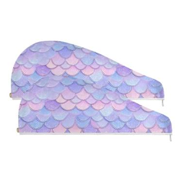 Imagem de SEHANY Toalha de cabelo de microfibra roxa pálida escamas de sereia para mulheres, 2 peças, turbantes de cabelo de secagem rápida com botão, touca de cabelo seco absorvente toalha de secagem de cabelo