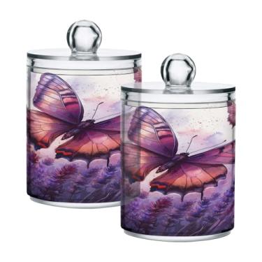 Imagem de ATTX Dispensador de suporte Qtip de campo de lavanda com borboletas para bola de algodão, cotonete, frasco de boticário de plástico transparente, pote de armazenamento de cozinha para decoração de