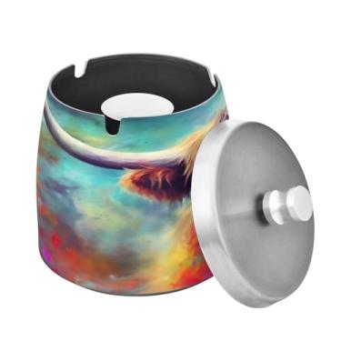 Imagem de Blueangle Cinzeiro colorido de vaca Highland com tampa para cigarros, à prova de vento/chuva, aço inoxidável, sem fumaça, inodoro, cinzeiro para uso interno ou externo (330)