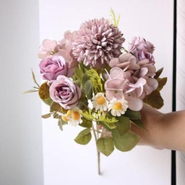 Imagem de Buquê Misto de Flores Artificiais – Rosa, Crisântemo, Margarida e Hortênsia | Decoração para Casamento, Arranjos e Ambientes – 30cm(Roxo)