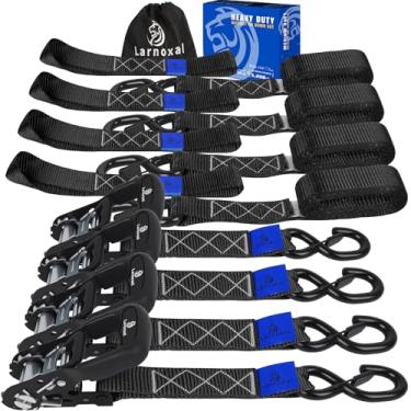 Imagem de Cintas de catraca pacote com 4 - 2,4 kg resistência à ruptura 3,8 cm x 15 pés tiras de amarração de catraca resistente com ganchos S conjunto para caminhão, van de carga, reboque, motocicleta (preto)