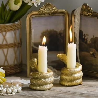 Imagem de NIKKY HOME Conjunto de 2 castiçais de cobra dourados, pedestal de castiçal vintage, decorações de centro de mesa góticas para mesa de jantar com manto de lareira