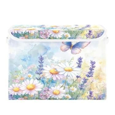 Imagem de CEBUGI Caixotes de armazenamento com tampas, caixa de armazenamento de tecido dobrável, margaridas silvestres organizadores de cubo para armário de casa prateleiras de quarto 40 x 30 x 39 cm