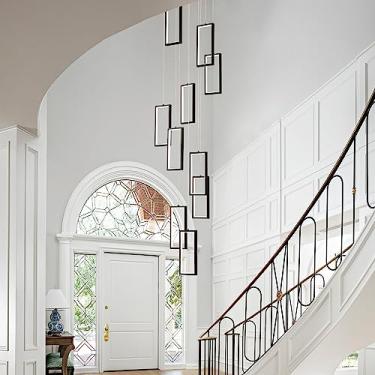 Imagem de Lustre LED moderno de 120 polegadas com altura ajustável - 10 luminárias pendentes retangulares dimerizáveis com controle remoto, na cor preta, ideal para escadas e halls de entrada com pé d