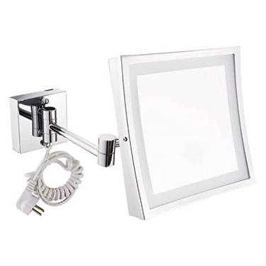 Imagem de Espelho de maquiagem para cosméticos iluminado quadrado 20 cm espelho de maquiagem led espelho de banheiro banheiro montado na parede aço inoxidável