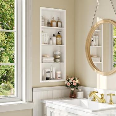 Imagem de Qeke Armário de remédios embutido 35 x 91 cm, armário de remédios sem espelho, nicho de parede de remédios de aço inoxidável 304 com prateleiras de 4 camadas, branco fosco