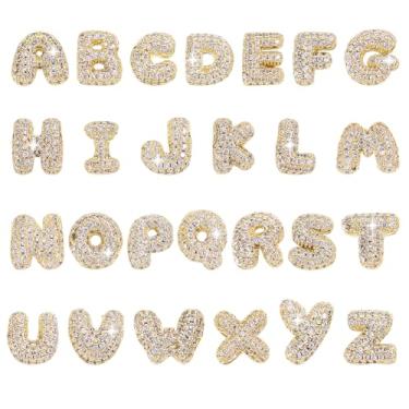 Imagem de AHANDMAKER 26 berloques de letra de zircônia A-Z pingentes de letra de strass banhado a ouro 18 K latão A-Z contas de pingente de alfabeto para bricolage nome ID colar pulseira para fazer joias