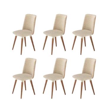 Imagem de Kit de 6 Cadeiras de Madeira Maciça Estofada Dakota - Natural c/ Bouclé e PU Caramelo - Champanhe