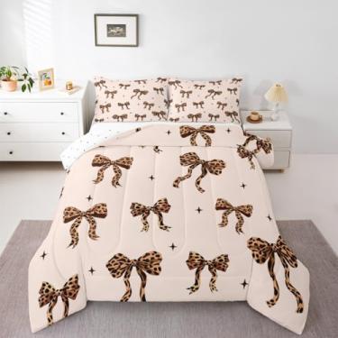 Imagem de jejeloiu Conjunto de cama macio para meninos e meninas, conjunto de edredom com listras de zebra, tamanho solteiro, com laço kawaii, microfibra, pele de animal selvagem, decoração de quarto, bege, 2