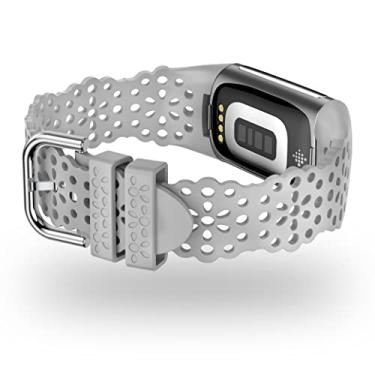 Imagem de Pulseira esportiva feminina compatível com Fitbit Charge 5/Charge 6, de silicone macio, flor fofa, vazada, para Charge 5/6, acessórios de rastreador de fitness, cinza claro