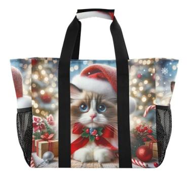 Imagem de ODAWA Sacola festiva de lona impermeável e à prova de areia para compras na piscina e supermercado, bolsa de lona de grande capacidade para compras, Gato Papai Noel festivo vermelho, One Size