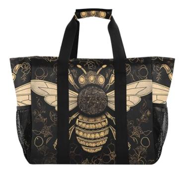 Imagem de ODAWA Bolsa de mão amarela em lona preta, sacolas de supermercado para mantimentos, Abelha amarela em preto, One Size