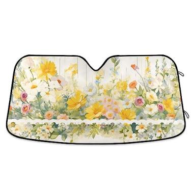Imagem de Viseira de sol com arbustos de flores amarelas e brancas para decoração festiva para para-brisas de carro, persiana de janela de carro, acessórios de resfriamento de carro