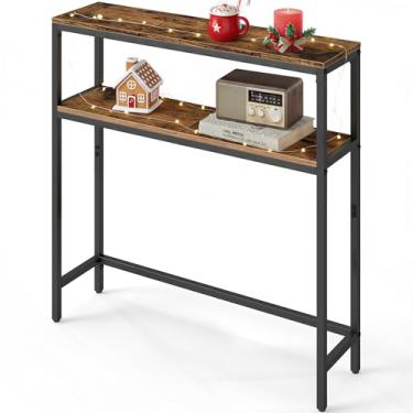 Imagem de VASAGLE Mesa de console, mesa de sofá estreita de 2 camadas com 2 prateleiras, 20 x 80 x 81,5 cm, para sala de estar, corredor, entrada, marrom rústico e preto tinta ULNT130K01V1