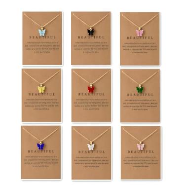 Imagem de NKTDWO Conjunto de colar de borboleta colorida, pacote com 9, pingente de acrílico boêmio, corrente ajustável, joia da amizade, presente, Regular, Resina, Sem Pedra Preciosa