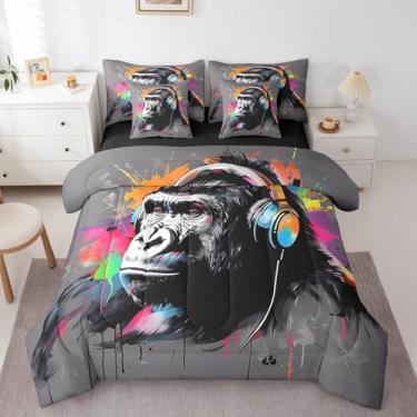 Imagem de Jogo de cama casal, com estampa de macaco divertido, 7 peças, lençol com elástico, lençol de cima, 2 fronhas, 2 fronhas