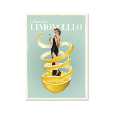 Imagem de Impressões em tela engraçadas italianas de comida e bebida – Pôster retrô de mulher em vidro com Limoncello Spaghetti Vino Pasta Cozinha Bar Decoração de parede (SKU1,50.8x71.1 cm = (50x70cm), sem