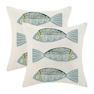 Imagem de Sorktse Capas de almofada de peixe azul costeiro 45,7 x 45,7 cm, conjunto de 2 almofadas oceânicas ao ar livre, decorativas, primavera, verão, praia, náuticas, fronhas de linho para cama, sofá, sofá