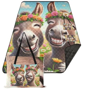 Imagem de TSENQUE Tapete dobrável para piquenique de animais fofos burros sorridentes sem areia cobertor de praia à prova d'água grande impressão cobertores de acampamento para grama 299,7 cm x 203,2 cm