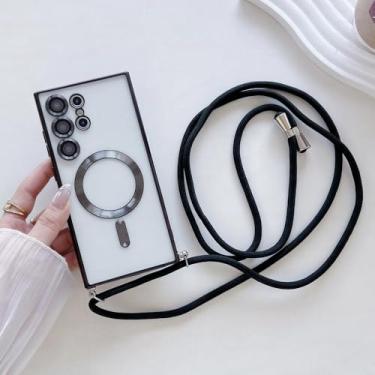 Imagem de Capa transparente com cordão para Samsung S24 S23 S22 S21 Ultra Plus, capa magnética com cordão para carregamento sem fio, preta, para S22 Ultra