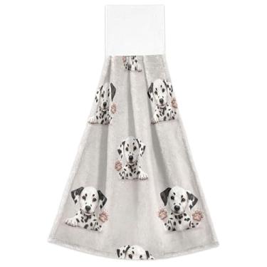 Imagem de Toalhas de mão fofas para filhotes de cachorro dálmata manchas de outono com laços para pendurar toalhas de banho macias absorventes conjunto de 2, toalhas de cozinha decorativas 46 x 35 cm