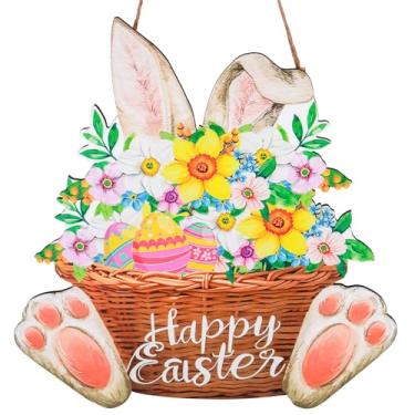 Imagem de Decorações de porta de Páscoa, grinaldas de coelhinho de madeira para porta da frente, coelho, flor de primavera, ovo, sinalização de janela, feliz Páscoa, interior, exterior, decoração de pendurar em