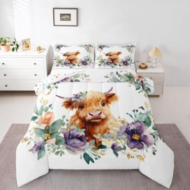 Imagem de jejeloiu Jogo de cama solteiro com estampa de vaca das terras altas, animais de fazenda ocidental, para crianças, meninos, meninas, flores, vida selvagem, branco, verde, roxo, microfibra, 2 peças com