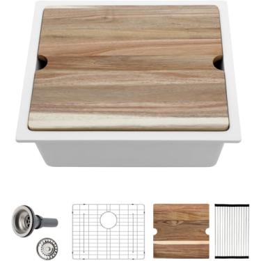 Imagem de Sarlai Pia de cozinha branca composta de granito 21 - pia de estação de trabalho de preparação de barra de 53 x 45 cm de quartzo composto de granito branco tigela única retangular para trailers