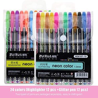 Imagem de YYMIYU 24 cores, 12 marcadores de texto e 12 canetas de glitter, conjunto de canetas de glitter, livros de colorir artesanato desenho, faça você mesmo, caneta de álbum de graffiti, caneta marcadora