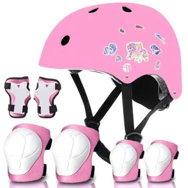 Imagem de Capacete e almofadas de bicicleta gradiente de cor ajustável para crianças de 3 a 5 a 8 a 14 anos + capacete de skate infantil com joelheira, protetores de cotoveleira, patins em linha, longboard