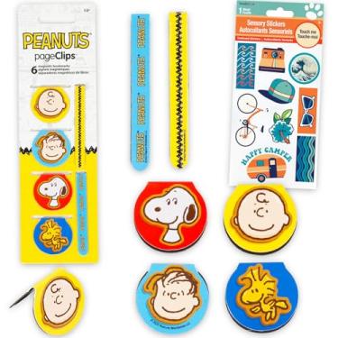 Imagem de Peanuts Conjunto de marcadores de página – Pacote com 6 clipes de página com Snoopy, Charlie Brown, mais adesivos | Material escolar Peanuts para meninos, meninas e crianças