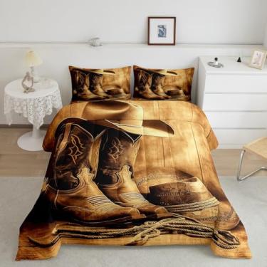 Imagem de Feelyou Conjunto de edredom King com estampa de caubói ocidental selvagem, estilo caubói rodeio, estilo caubói, design grunge, conjunto de edredom marrom escuro