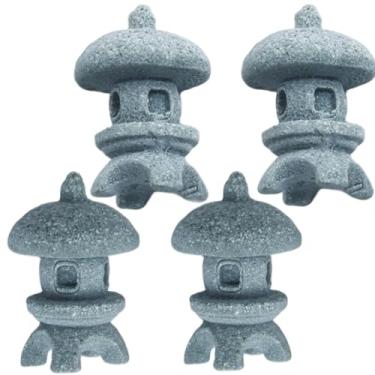 Imagem de RUIAN Conjunto de lanternas de pagode japonês, 4 peças, mini estátuas com acabamento em arenito azul para jardins zen, bonsai e aquários, decoração externa à prova d'água