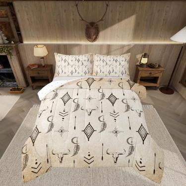 Imagem de Feelyou Conjunto de edredom de caveira de touro, chifres, étnico, boêmio, solteiro, para crianças, adultos, preto e marrom, símbolo tribal, misterioso, asteca