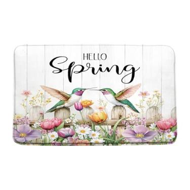 Imagem de Tapete de banho floral de primavera rústico colorido aquarela flores beija-flor fazenda placa de flores silvestres listras retrô tapete de decoração de banheiro tapete de chão, 43 x 74 cm