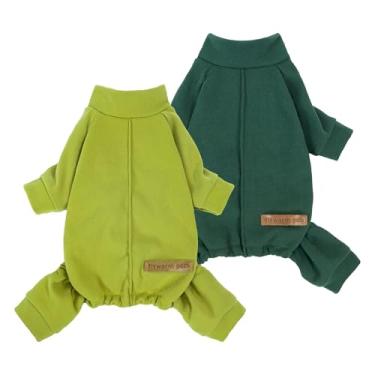 Imagem de Fitwarm Pacote com 2 pijamas leves de lã para cães, roupas quentes de inverno para cães pequenos, meninos e meninas, macacão aconchegante para animais de estimação com pés, amarelo, verde escuro