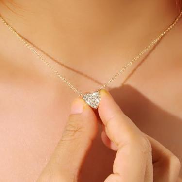 Imagem de Colar feminino de prata com pingente de coração de ouro 14K com pingente de coração de zircônia cúbica com corrente extensora de 45 cm, joia hipoalergênica para presente de aniversário, aniversário de