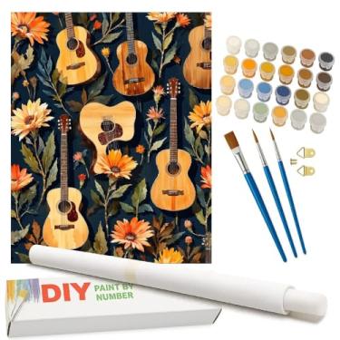 Imagem de Kit de pintura por números com padrão de guitarra para adultos – Pintura DIY com design de guitarras acústicas e flores em tela enrolada 41 x 50 cm, conjunto de tinta acrílica, adequado para