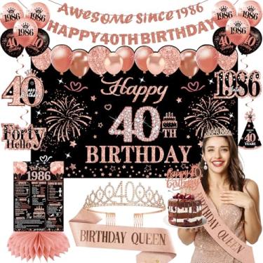 Imagem de Kircirx Decorações De 40º Aniversário Para Mulheres, Preto, Ouro Rosa, Coroa E Faixa De 40º Aniversário, Incrível Desde 1985, Banner, Fundo, Balões, Topo De Bolo, Placa De Mesa, Pendurado, Redemoinh