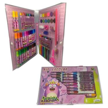 Imagem de Turminha do Assombro Maleta Escolar Kit Escolar Completo com Canetinhas Giz Tinta Lápis de Cor Barra de Pintura Tesoura Borracha Apontador Régua Pincel Esponja