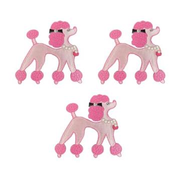 Imagem de Trimplace Poodle rosa com aplique de laço de strass 2-3/10.2 cm x 2-3/10.2 cm (6,9 cm x 6,9 cm) - (pacote com 3) | Selo térmico bordado de cetim com ferro - artesanato DIY, roupas infantis, acessórios