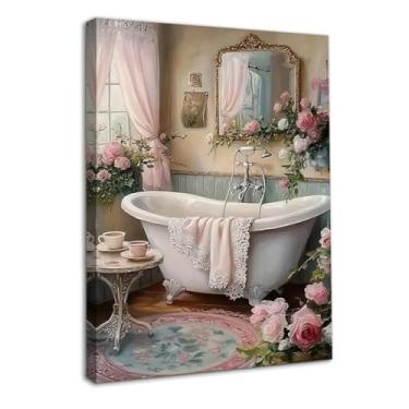 Imagem de Dazzlewall Decoração de parede de banheiro elegante emoldurada, arte de banheira com tema rosa romântico para decoração de banheiro banheiro 12 x 16 polegadas