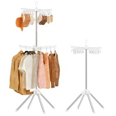 Imagem de VewePata Escorredor de roupas dobrável – Rack de secagem de roupa de 2 camadas de 190 cm, suporte portátil para roupas com trilho giratório para roupas com 24 clipes e 3 braços rotativos