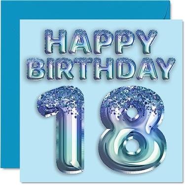Imagem de Stuff4 Cartão de aniversário de 18 anos para homens – Balão de festa com glitter azul – Cartões de feliz aniversário para homem de 18 anos irmão filho sobrinho tio, 14 x 14 cm, cartões comemorativos de 18 anos