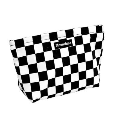Imagem de COOLOME Bolsa de maquiagem pequena para cosméticos, bolsa organizadora de artigos de higiene pessoal de viagem, batom, maquiagem com zíper, para mulheres e meninas, Xadrez preto e branco
